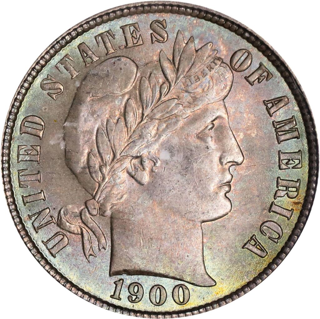 Obverse of a raw 1900 Barber Dime in Mint Condition
