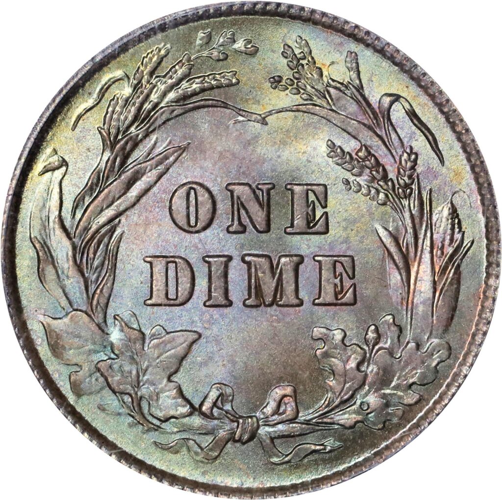 Reverse of a raw 1900 Barber Dime in Mint Condition