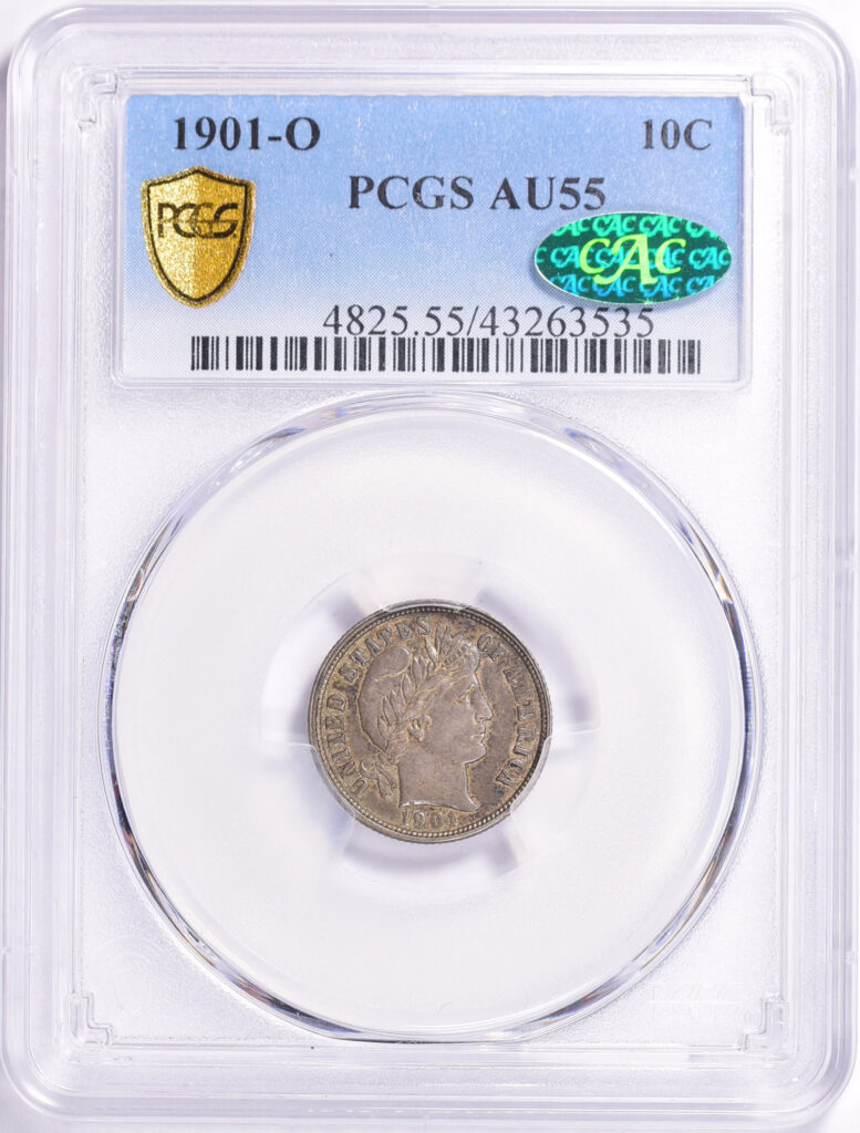 The obverse of a 1901-O Barber Dime graded an AU 55 in a PCGS Holder