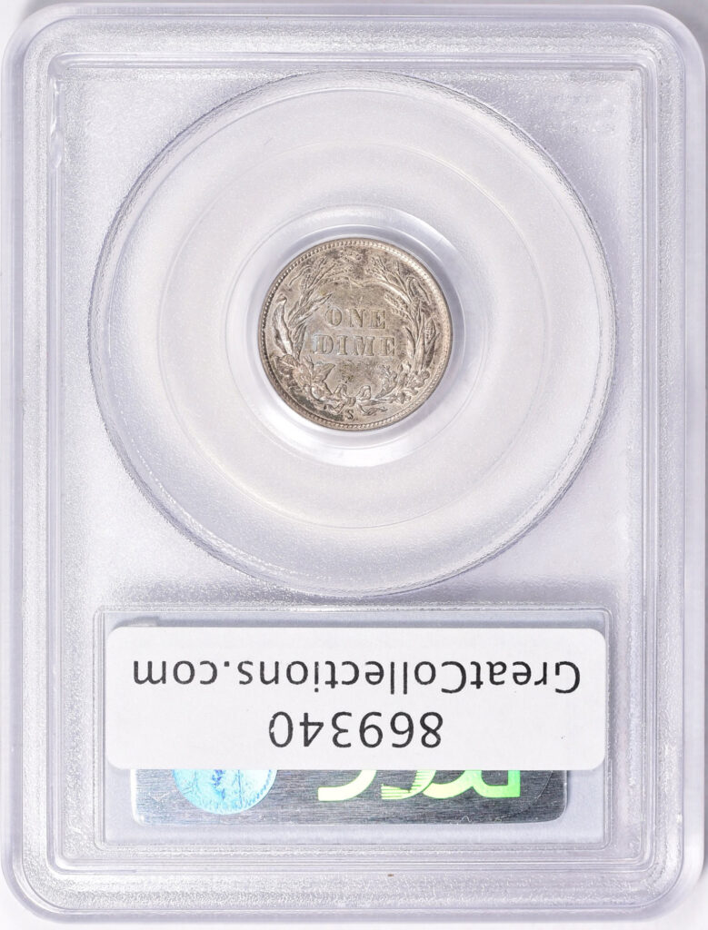 The reverse of a 1901-S Barber Dime graded an XF 45 in a PCGS Holder with a Green CAC Sticker