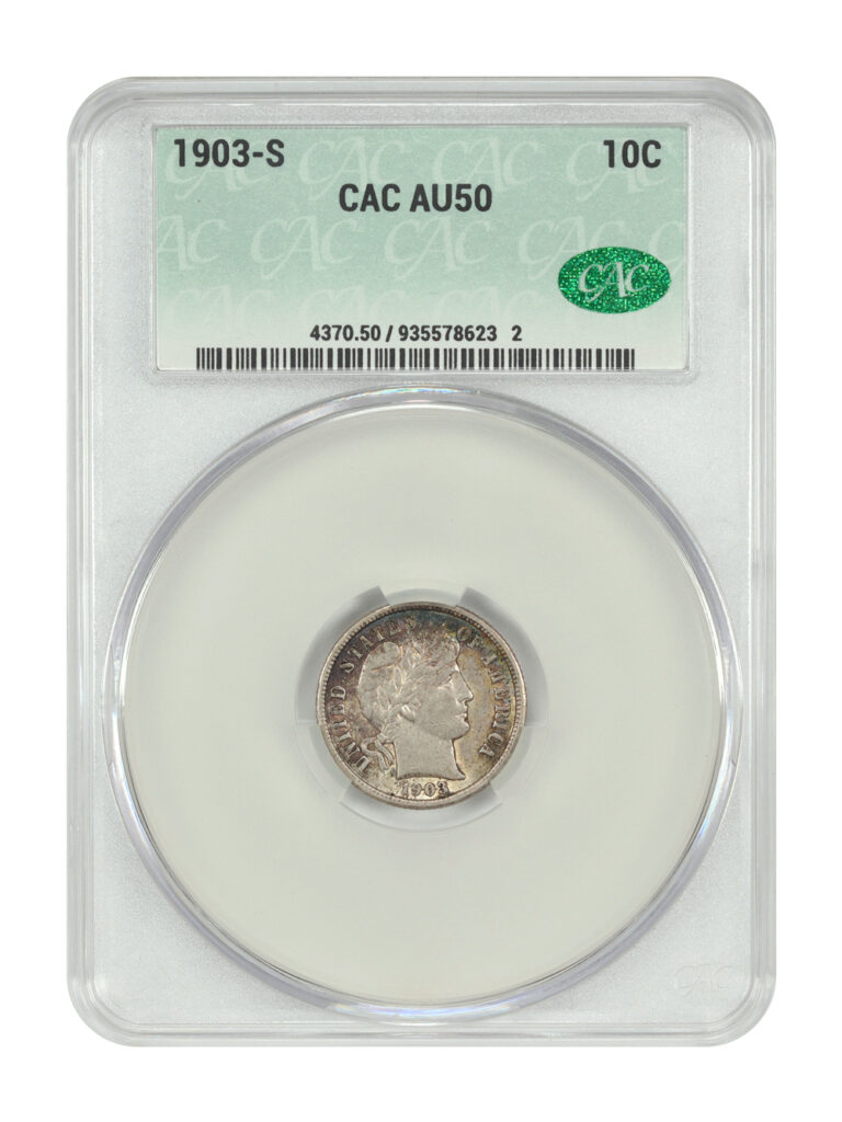 The obverse of a 1903-S Barber Dime graded an AU50 in a CACG Holder