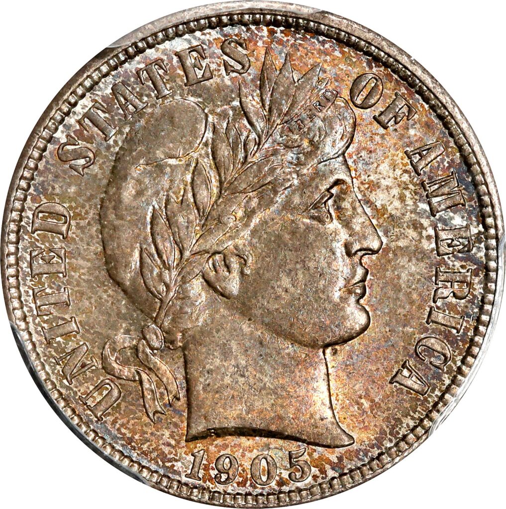 Obverse of a raw 1905-S Barber Dime in Mint Condition