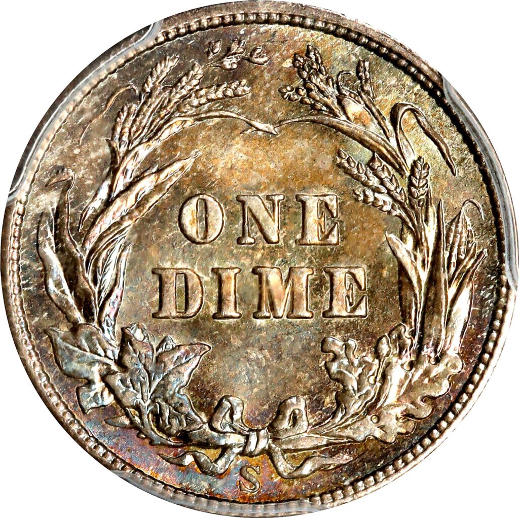 Reverse of a raw 1905-S Barber Dime in Mint Condition