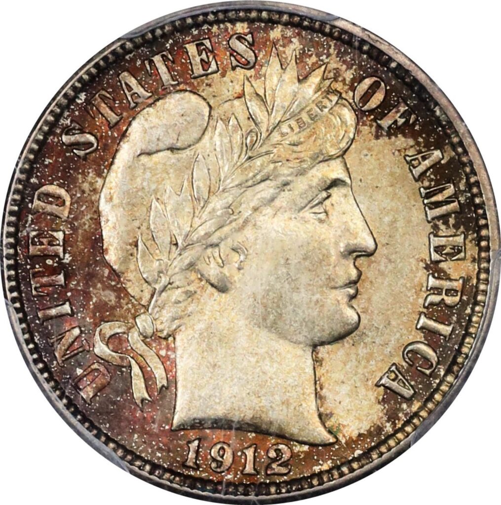 Obverse of a raw 1912-D Barber Dime in Mint Condition