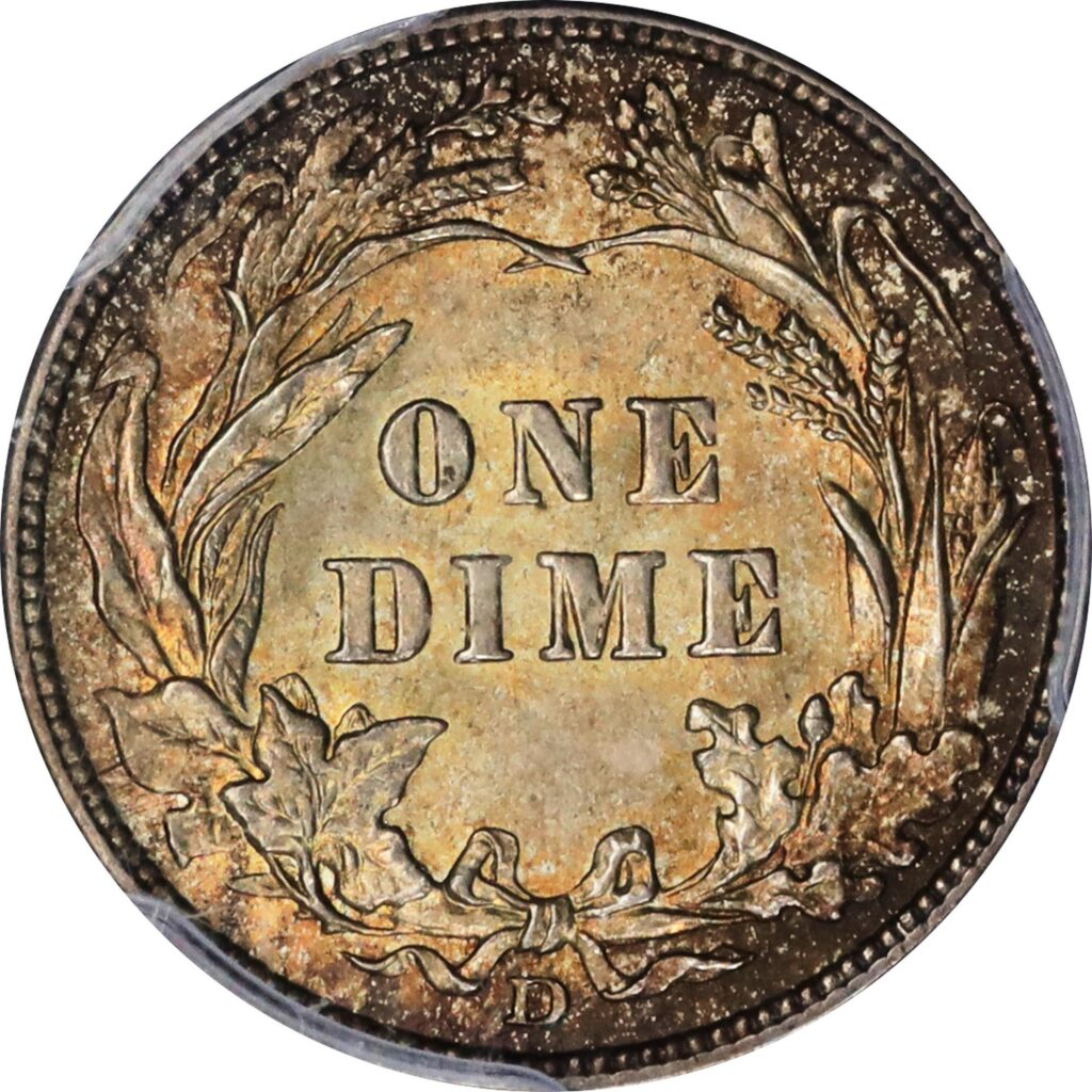 Reverse of a raw 1912-D Barber Dime in Mint Condition