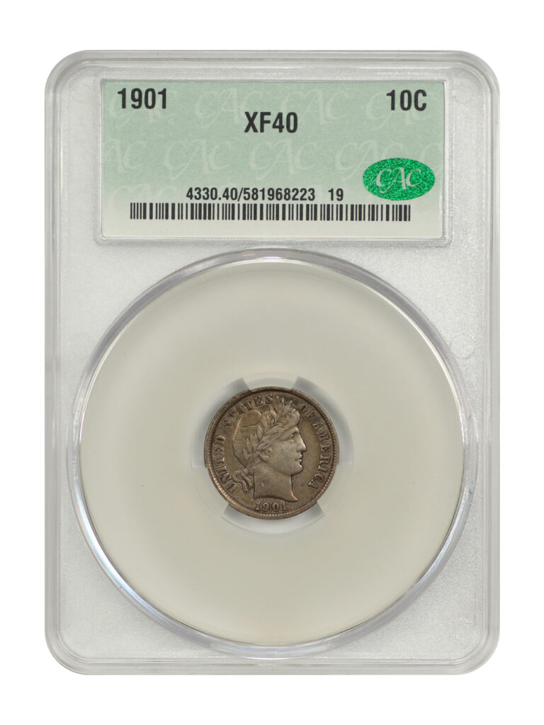 The obverse of a 1901 Barber Dime graded an XF 40 in a CACG Holder