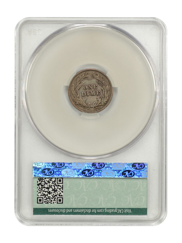 The reverse of a 1901 Barber Dime graded an XF 40 in a CACG Holder