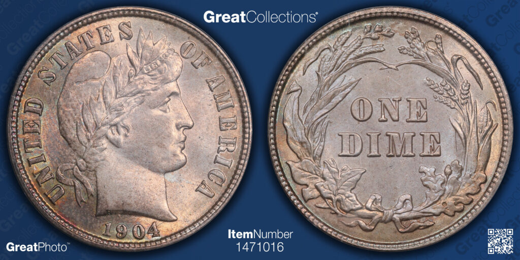 GreatCollections image of a 1904 Barber Dime in mint condition, obverse and reverse