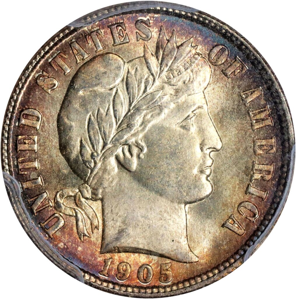 Obverse of a raw 1905 Barber Dime in Mint Condition