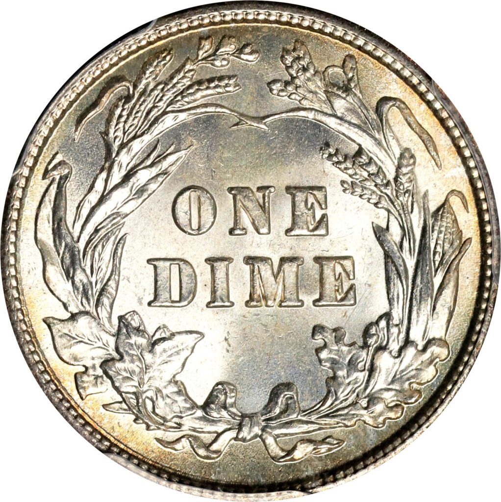 Reverse of a raw 1905 Barber Dime in Mint Condition