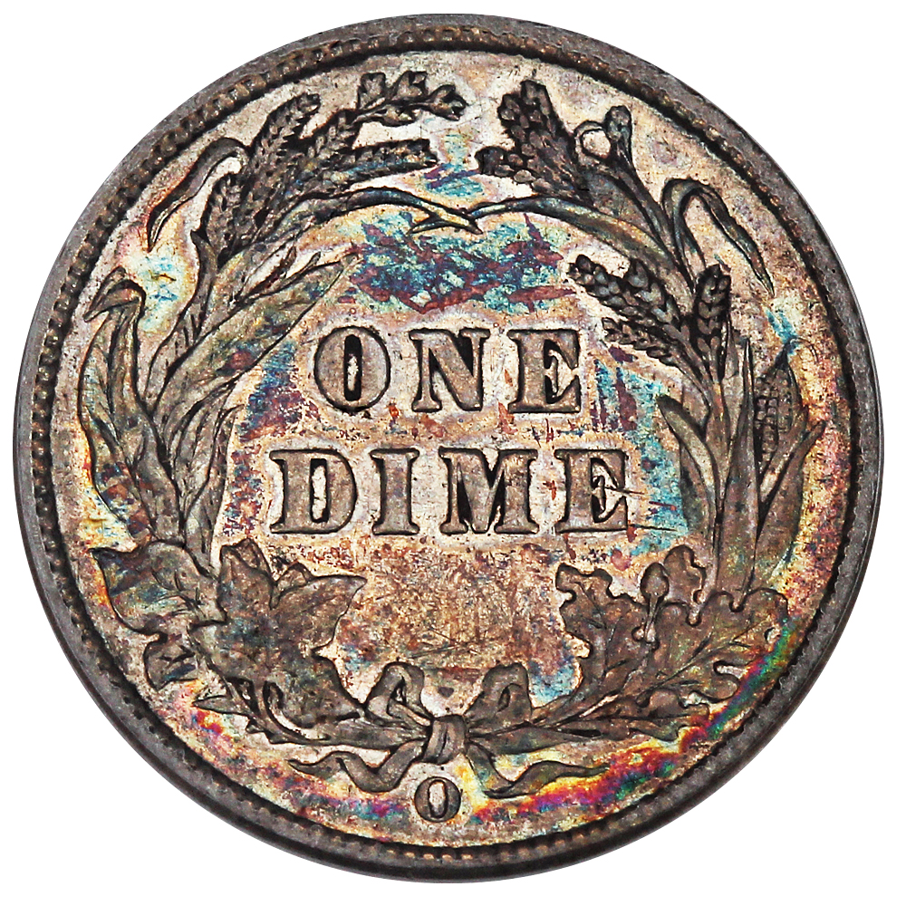 Reverse of a raw 1895-O Barber Dime