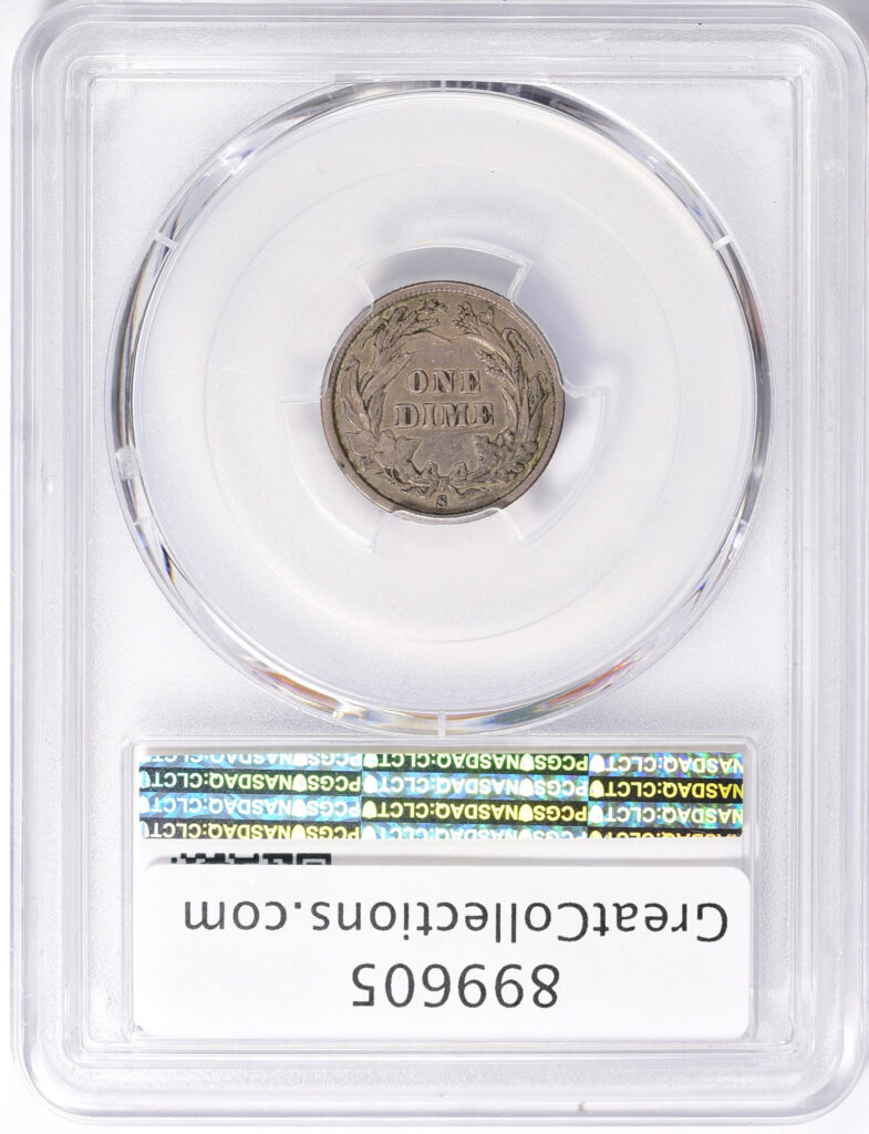 Reverse slab shot of an 1895-S Graded a VF30 in a PCGS holder with a Green CAC Sticker