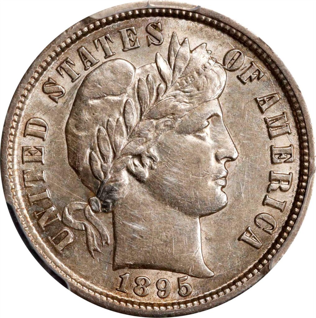 Obverse of a raw 1895-S Barber Dime