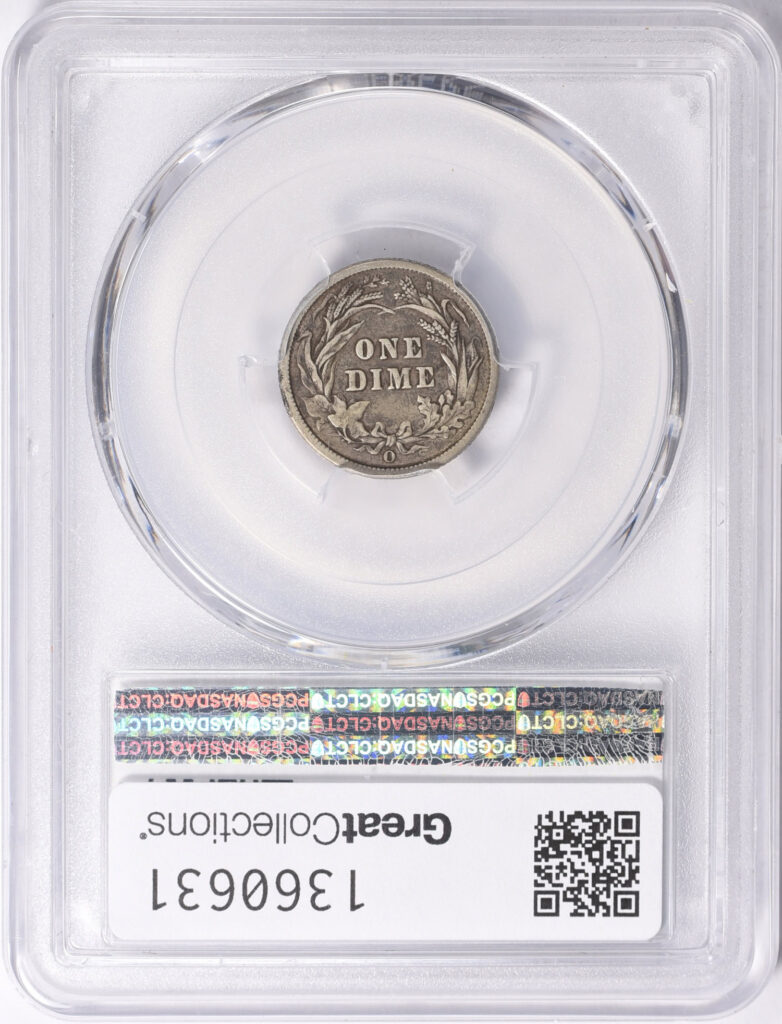 Reverse slab shot of an 1897-O Barber Dime graded a VF25 in a PCGS holder with a Green CAC Sticker