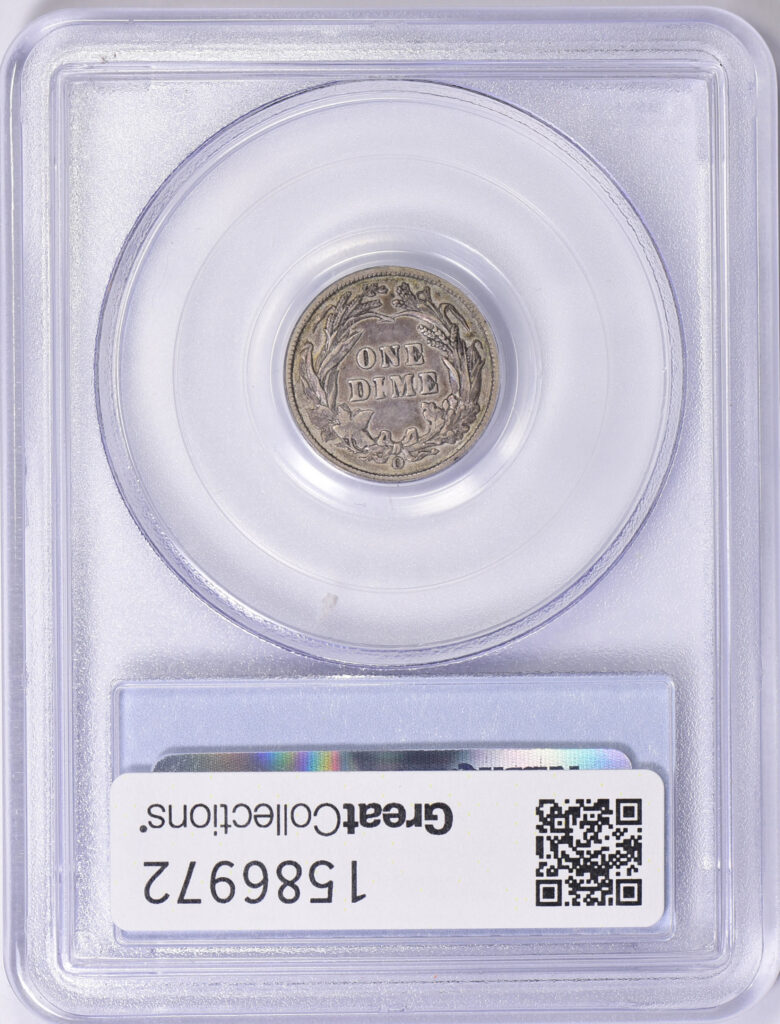 Reverse slab shot of a 1899-O Barber Dime graded an XF40 in a PCGS holder with a Green CAC Sticker