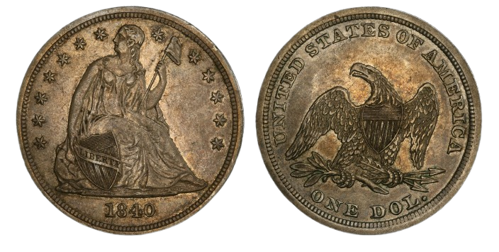 Obverse and Reverse of a raw 1840 Liberty Seated Dollar