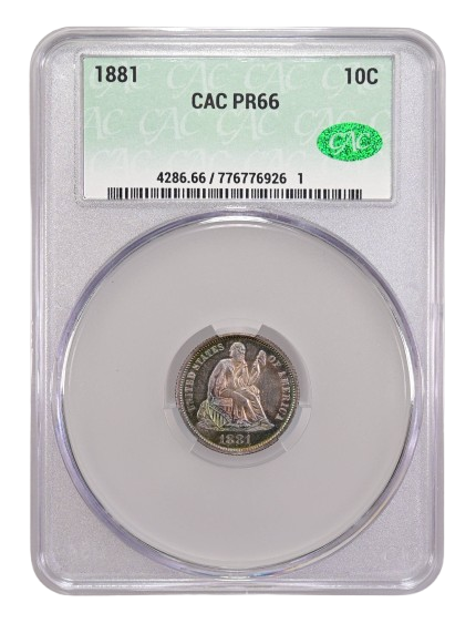 Obverse slab shot of a 1881 Seated Liberty Dime graded a PR66 by CAC Grading.