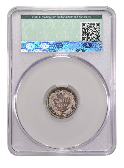 Reverse slab shot of a 1881 Seated Liberty Dime graded a PR66 by CAC Grading.