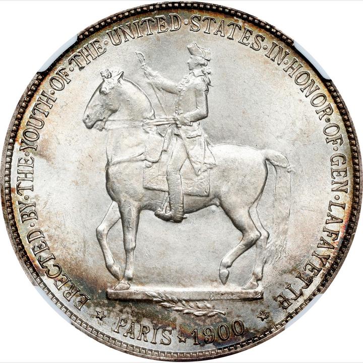 Reverse of a raw 1900 Lafayette Commemorative Silver Dollar