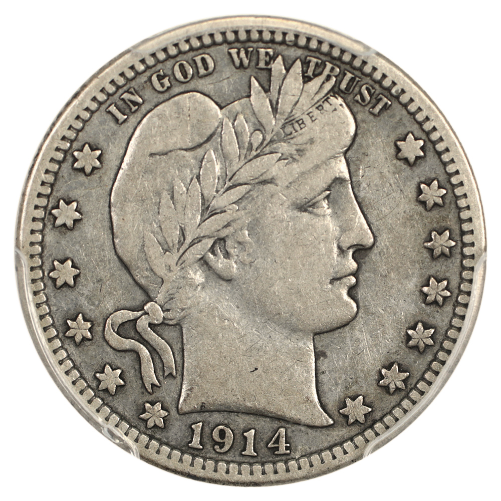 Obverse of a raw 1914-S Barber Quarter