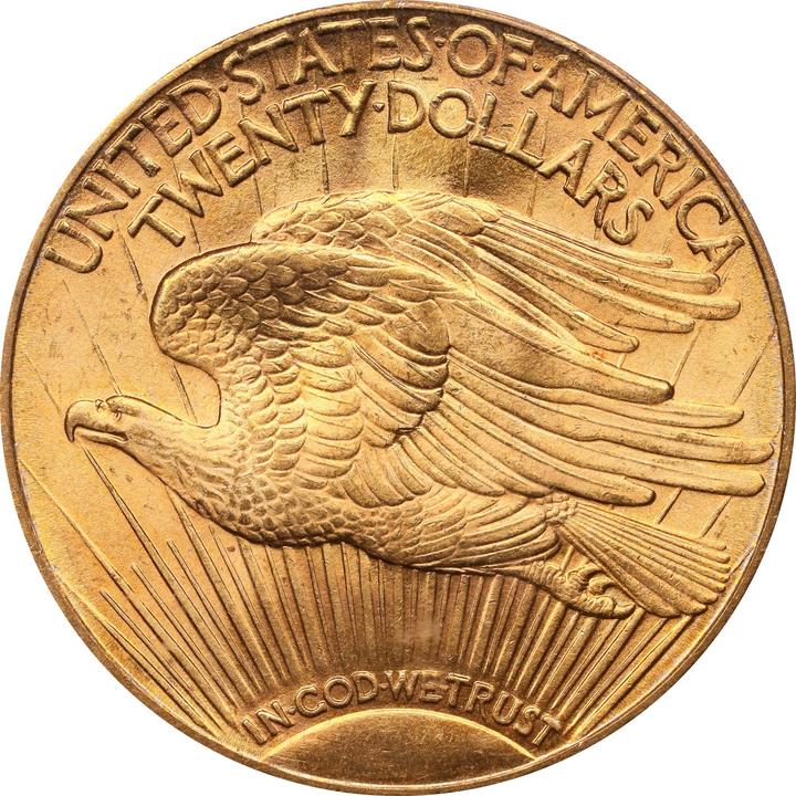 Reverse of a raw 1916-S Saint Gaudens Double Eagle, $20
