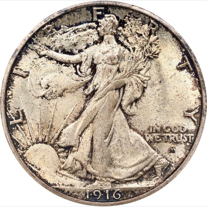 Obverse of a raw 1916-S Walking Liberty Half Dollar