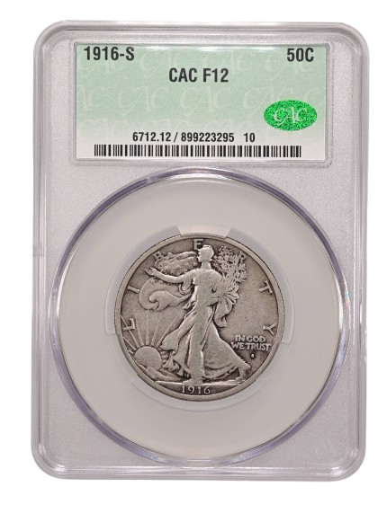 Obverse slab shot of a 1916-S Walking Liberty half dollar graded an F12 by CAC Grading.