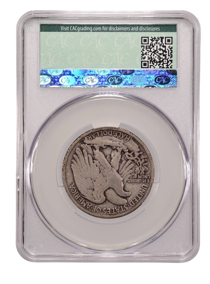 Reverse slab shot of a 1916-S Walking Liberty half dollar graded an F12 by CAC Grading.