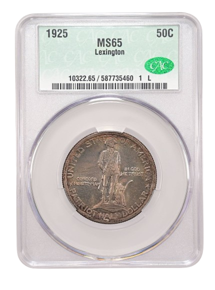 Obverse slab shot of a 1925 Lexington Commemorative half dollar graded an MS65 by CAC Grading.