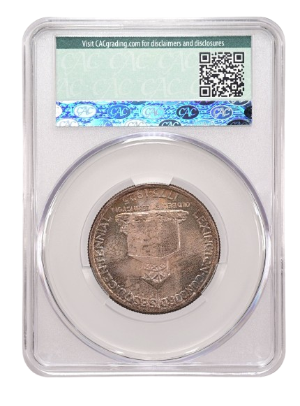 Reverse slab shot of a 1925 Lexington Commemorative half dollar graded an MS65 by CAC Grading.