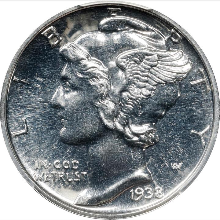 Obverse of a raw 1938 Mercury Dime