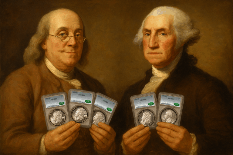 faux oil painting of Washington and Franklin holding CACG coins