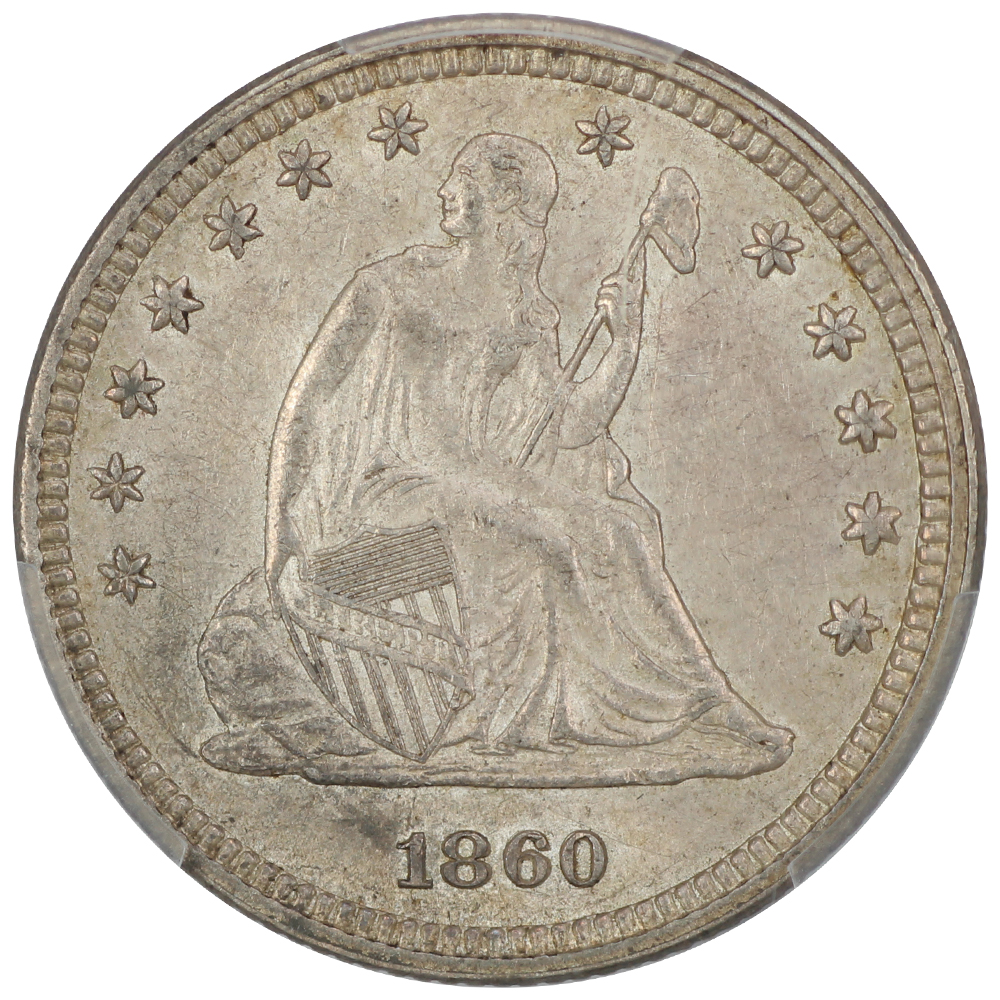 Obverse of a raw 1860 Liberty Seated quarter