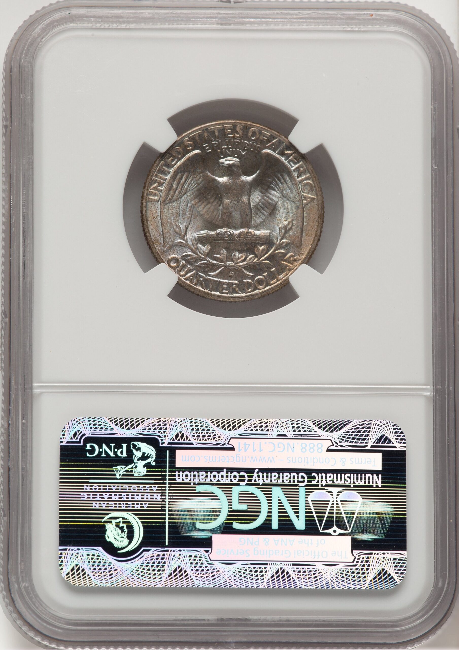 A reverse slab shot of a 1940-D Washington quarter graded an MS67 by NGC with a Green CAC Sticker