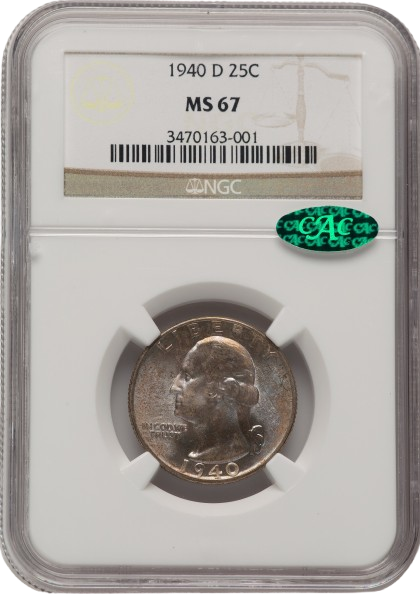 An obverse slab shot of a 1940-D Washington quarter graded an MS67 by NGC with a Green CAC Sticker