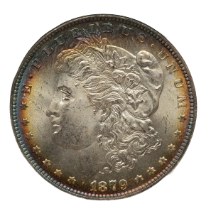 Obverse of a raw 1879 Morgan Dollar
