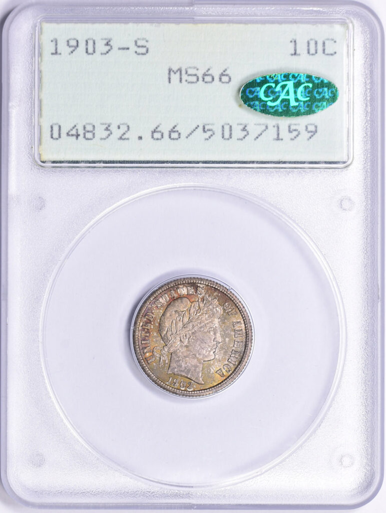 Obverse slab shot of a 1903-S Barber Dime graded an MS66 by PCGS with a Green CAC Sticker