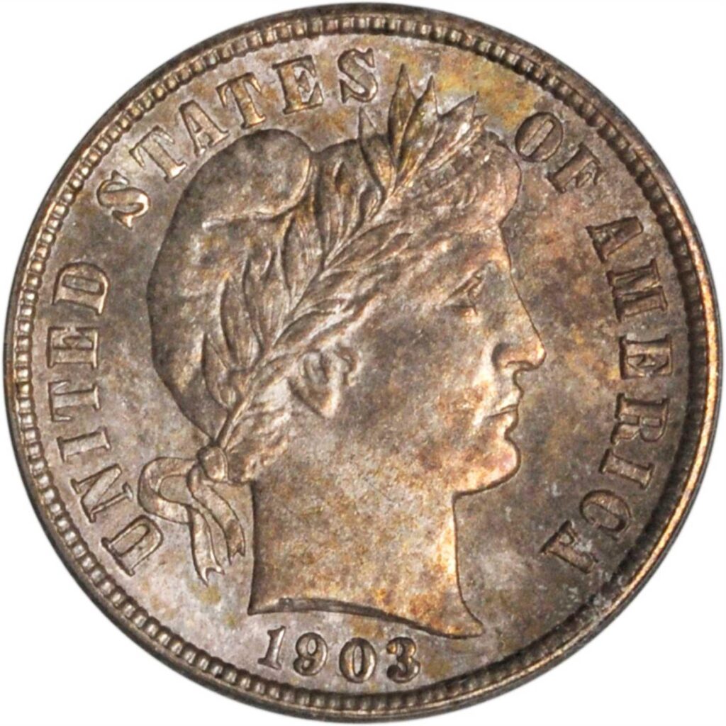 Obverse of a raw 1903-S Barber Dime