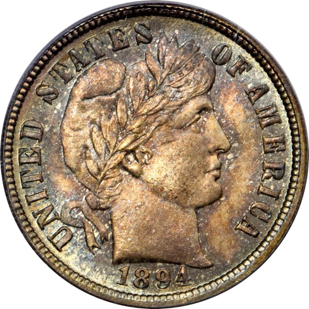 The obverse of a raw 1894-O Barber Dime