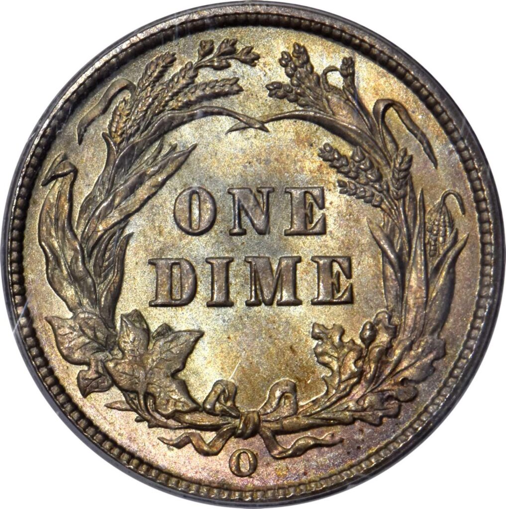 The reverse of a raw 1894-O Barber Dime