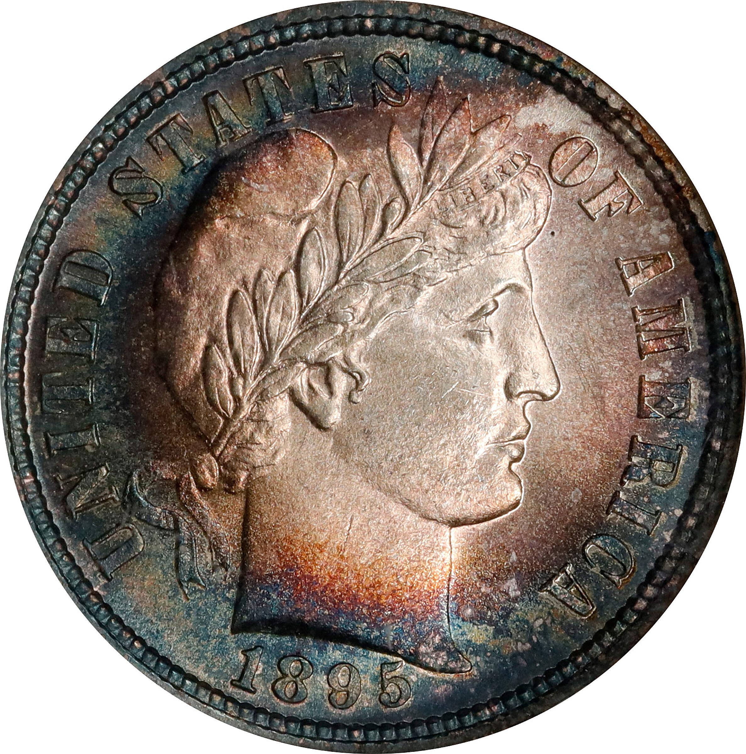 The obverse of a raw 1895 Barber Dime