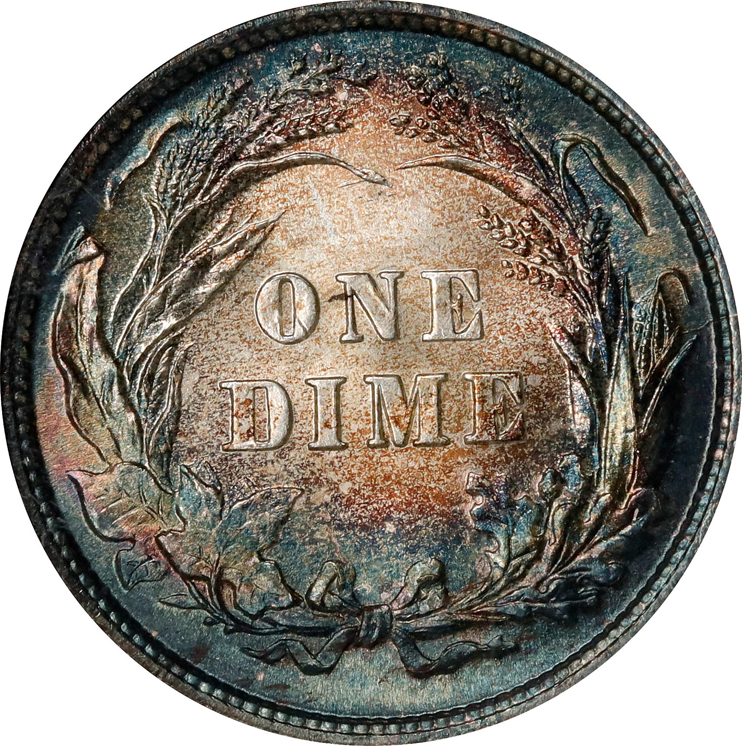 The reverse of a raw 1895 Barber Dime