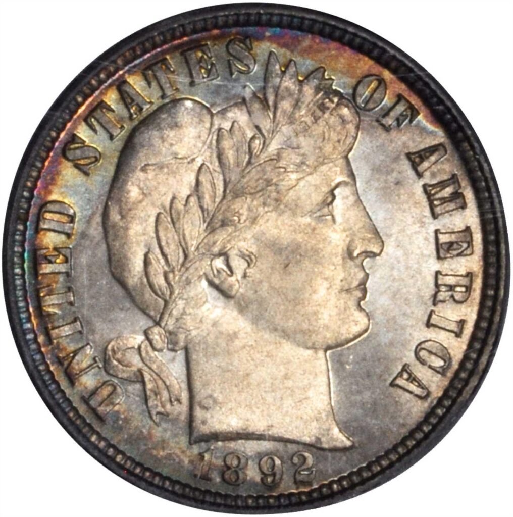 Obverse of a raw 1892 Barber Dime
