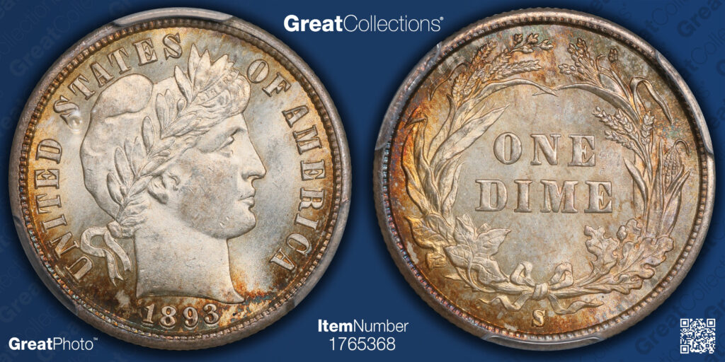 GreatCollections GreatPhoto of an 1893-S Barber Dime, obverse and reverse.