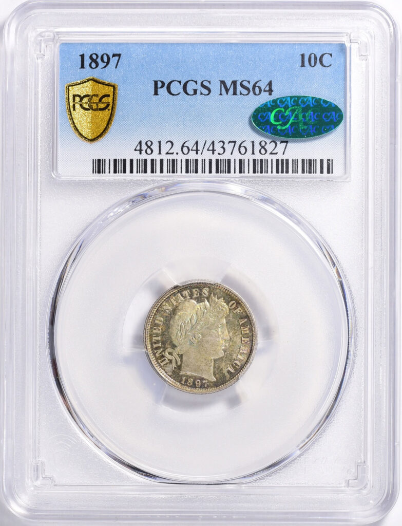 An obverse slab shot of an 1897 Barber Dime graded an MS64 by PCGS with a green CAC Sticker