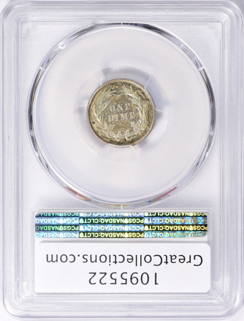 The reverse slab shot of an 1897 Barber Dime graded an MS64 by PCGS with a green CAC Sticker