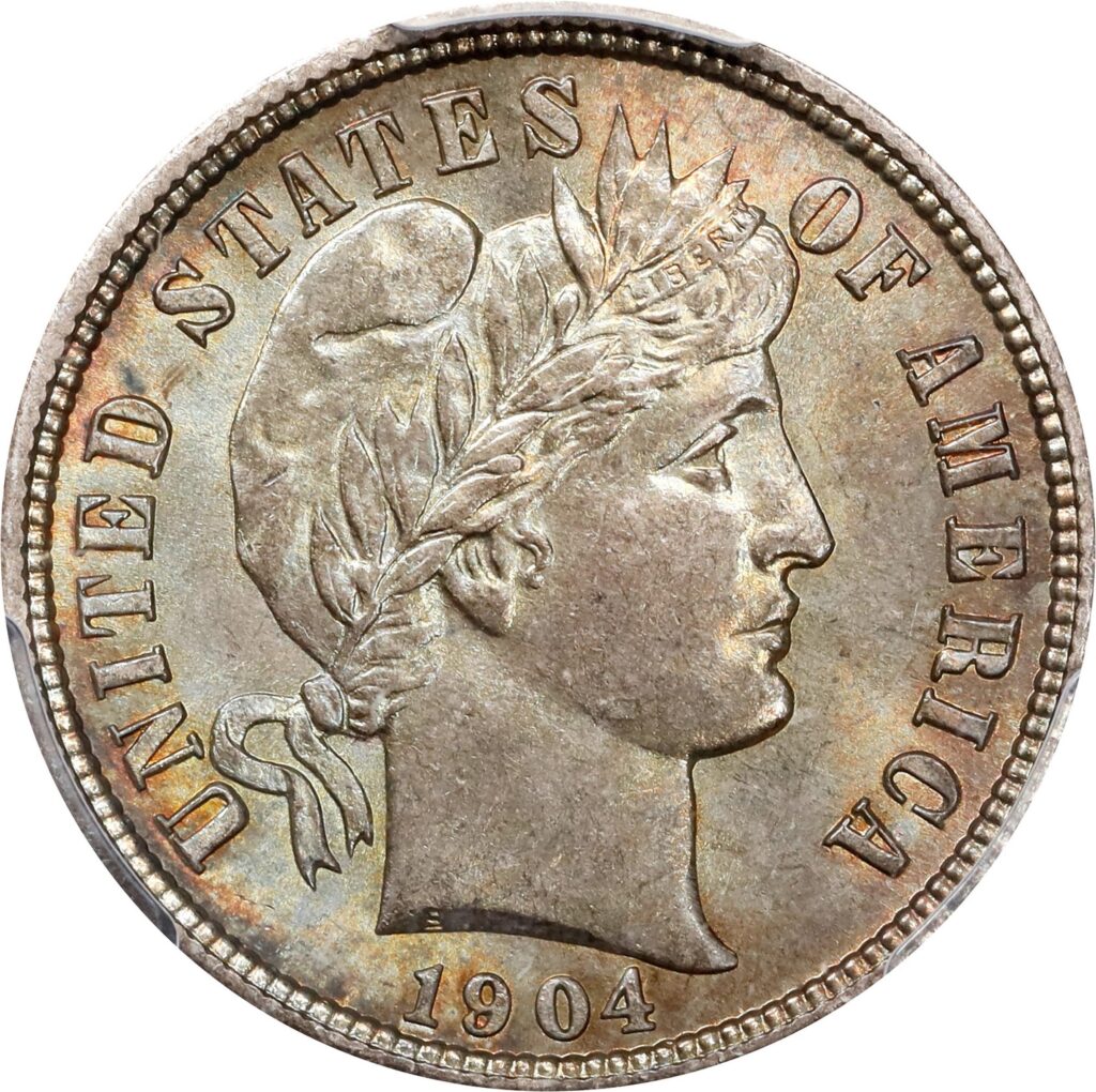 The obverse of a raw 1904 Barber Dime