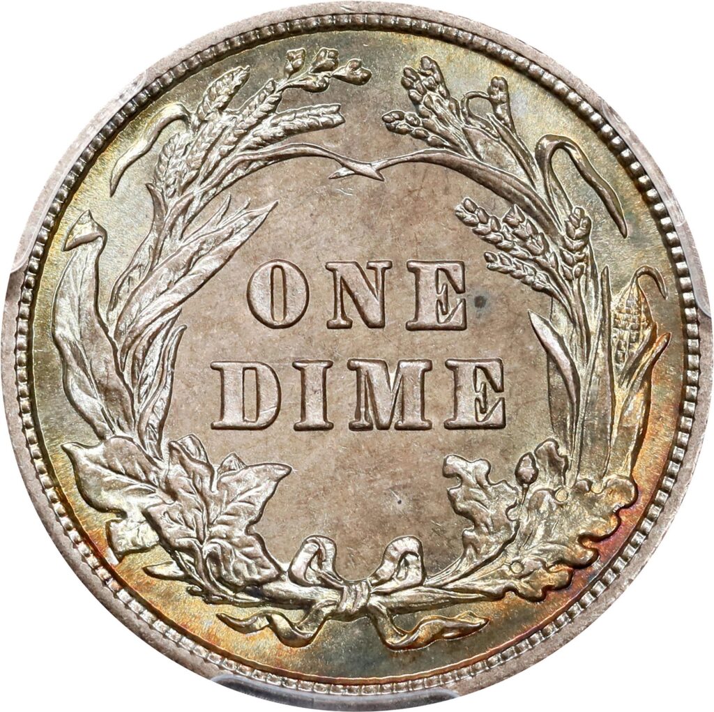 The reverse of a raw 1904 Barber Dime