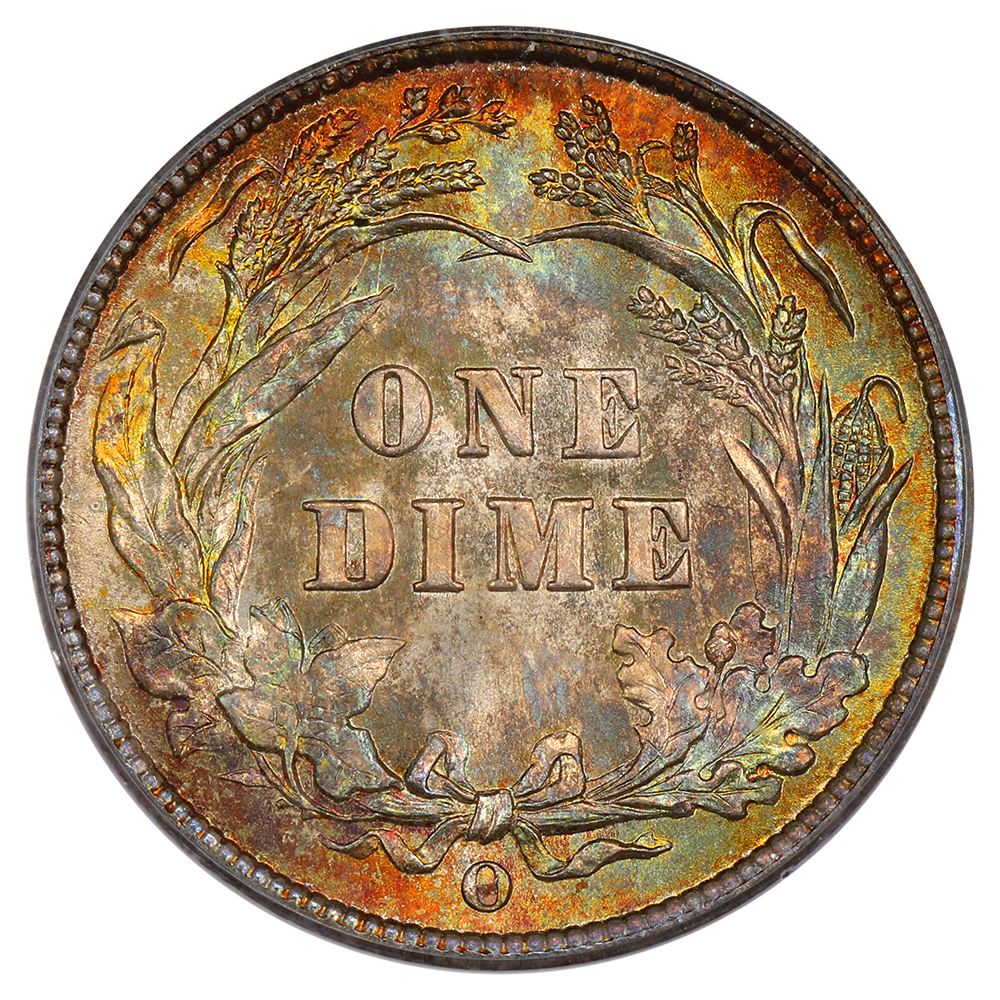 The reverse of a raw 1892-O Barber Dime.