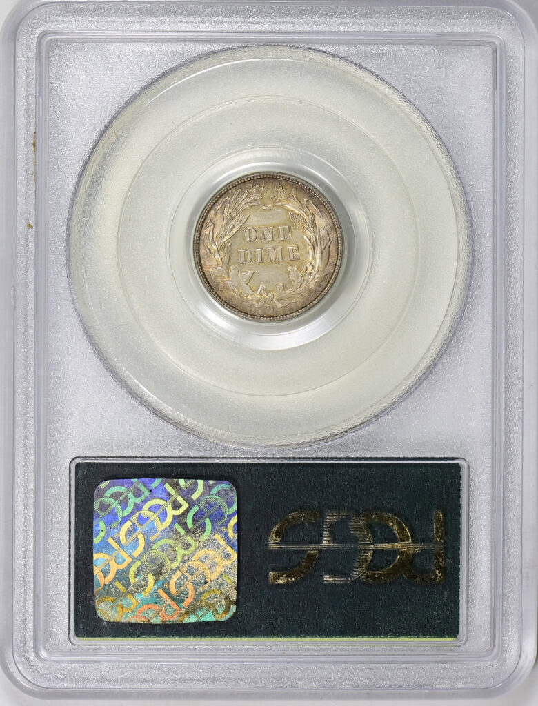 Reverse slab shot of an 1894-O Barber Dime graded an MS64 by PCGS with a Green CAC Sticker